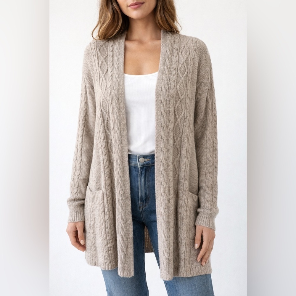 J. Jill Cable Knit Wool Blend Open Front Long Cardigan Cream Size L